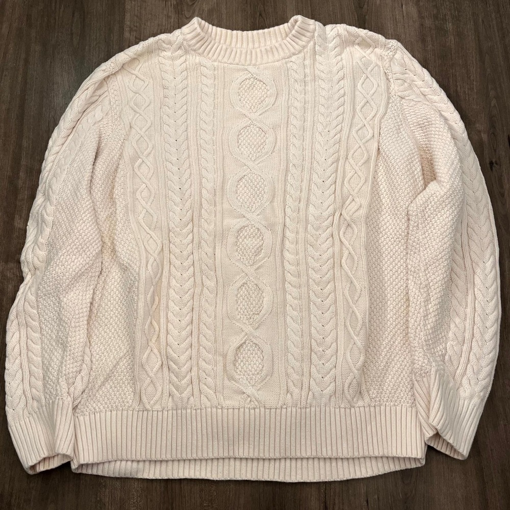 LL Bean Sweater Hertitage Fisherman Cable Knit Cream Organic Cotton Mens XL Tall